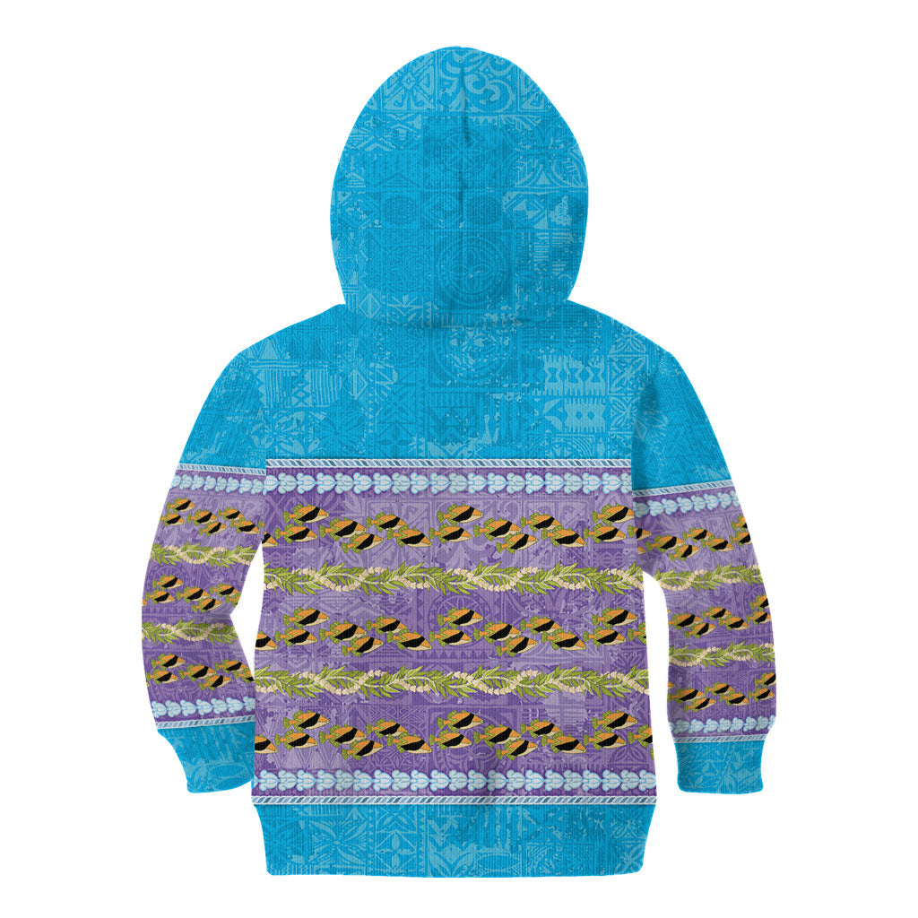 Hawaii Humuhumu Fish Maile Pikake Lei Kid Hoodie Tribal Tapa Blue Version