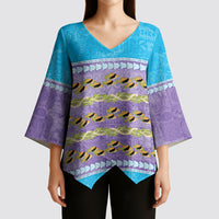 Hawaii Humuhumu Fish Maile Pikake Lei Kimono Sleeve Blouse Tribal Tapa Blue Version