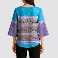 Hawaii Humuhumu Fish Maile Pikake Lei Kimono Sleeve Blouse Tribal Tapa Blue Version