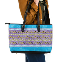 Hawaii Humuhumu Fish Maile Pikake Lei Leather Tote Bag Tribal Tapa Blue Version