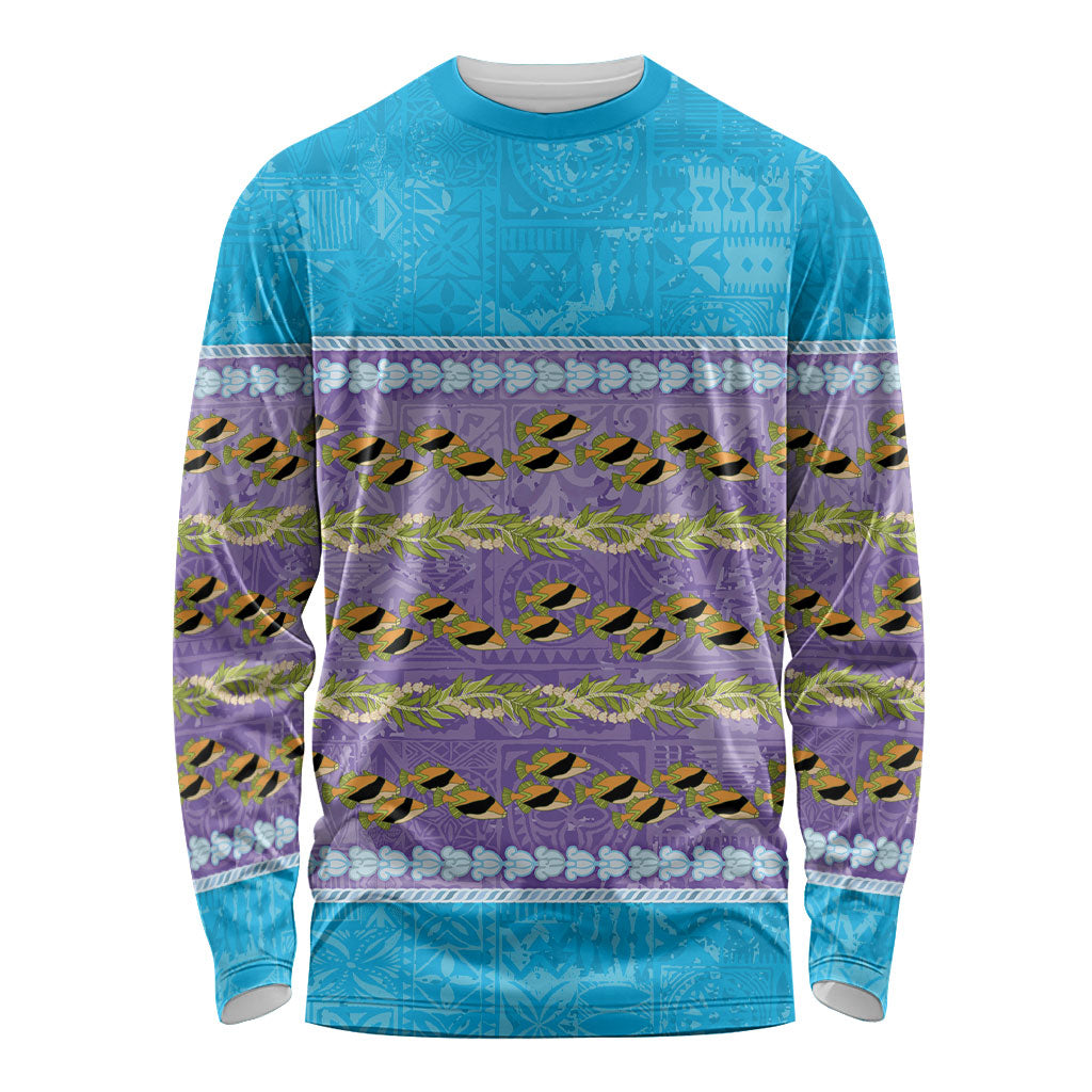 Hawaii Humuhumu Fish Maile Pikake Lei Long Sleeve Shirt Tribal Tapa Blue Version LT05 Unisex Blue - Polynesian Pride