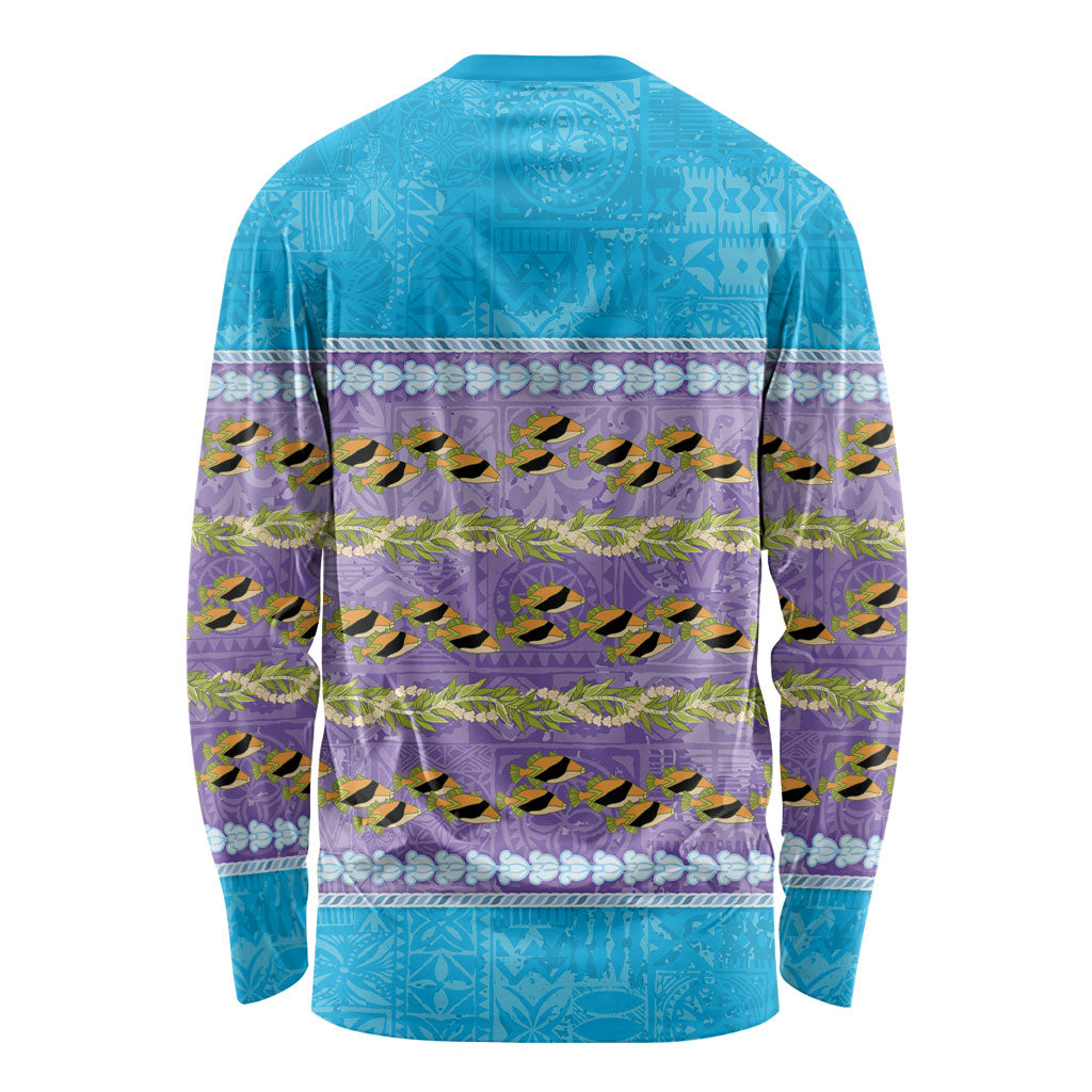 Hawaii Humuhumu Fish Maile Pikake Lei Long Sleeve Shirt Tribal Tapa Blue Version