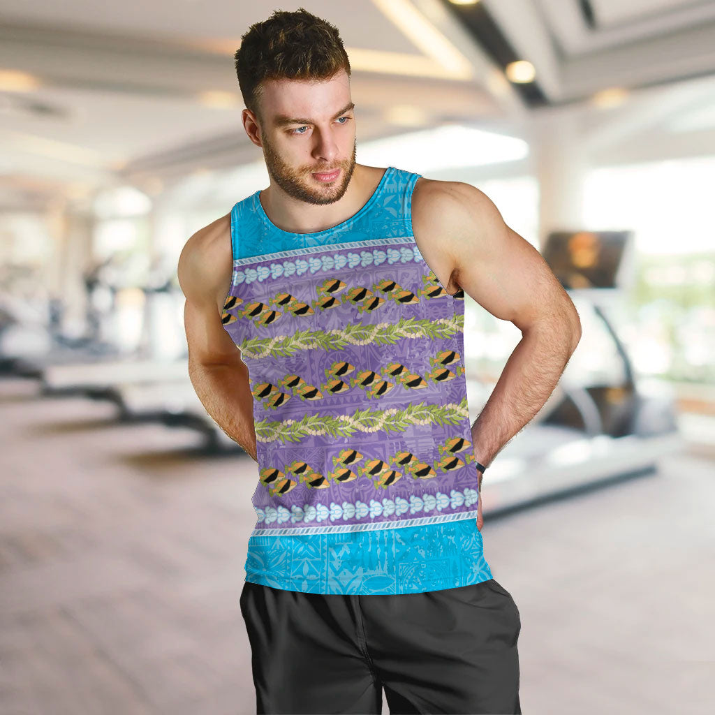 Hawaii Humuhumu Fish Maile Pikake Lei Men Tank Top Tribal Tapa Blue Version