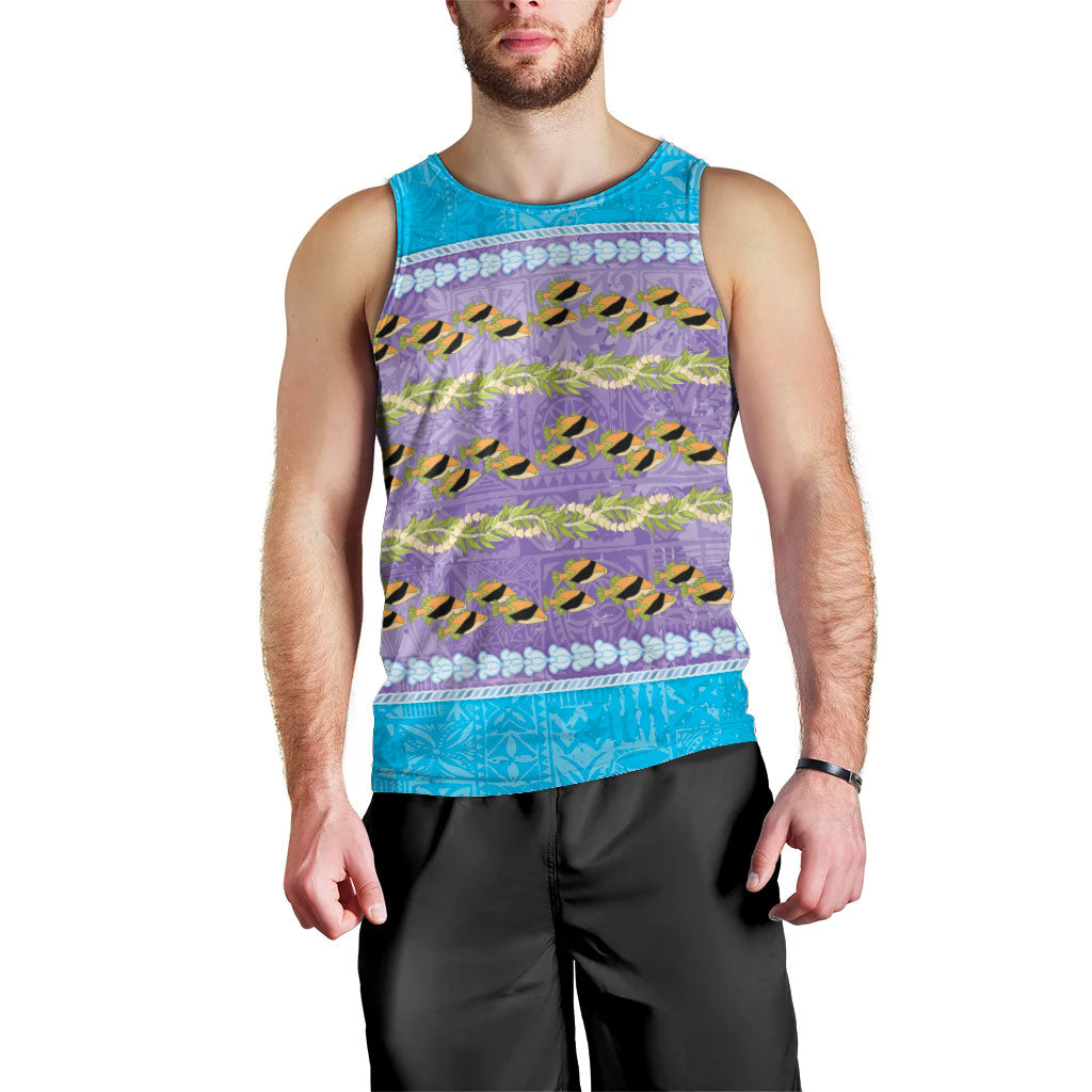 Hawaii Humuhumu Fish Maile Pikake Lei Men Tank Top Tribal Tapa Blue Version