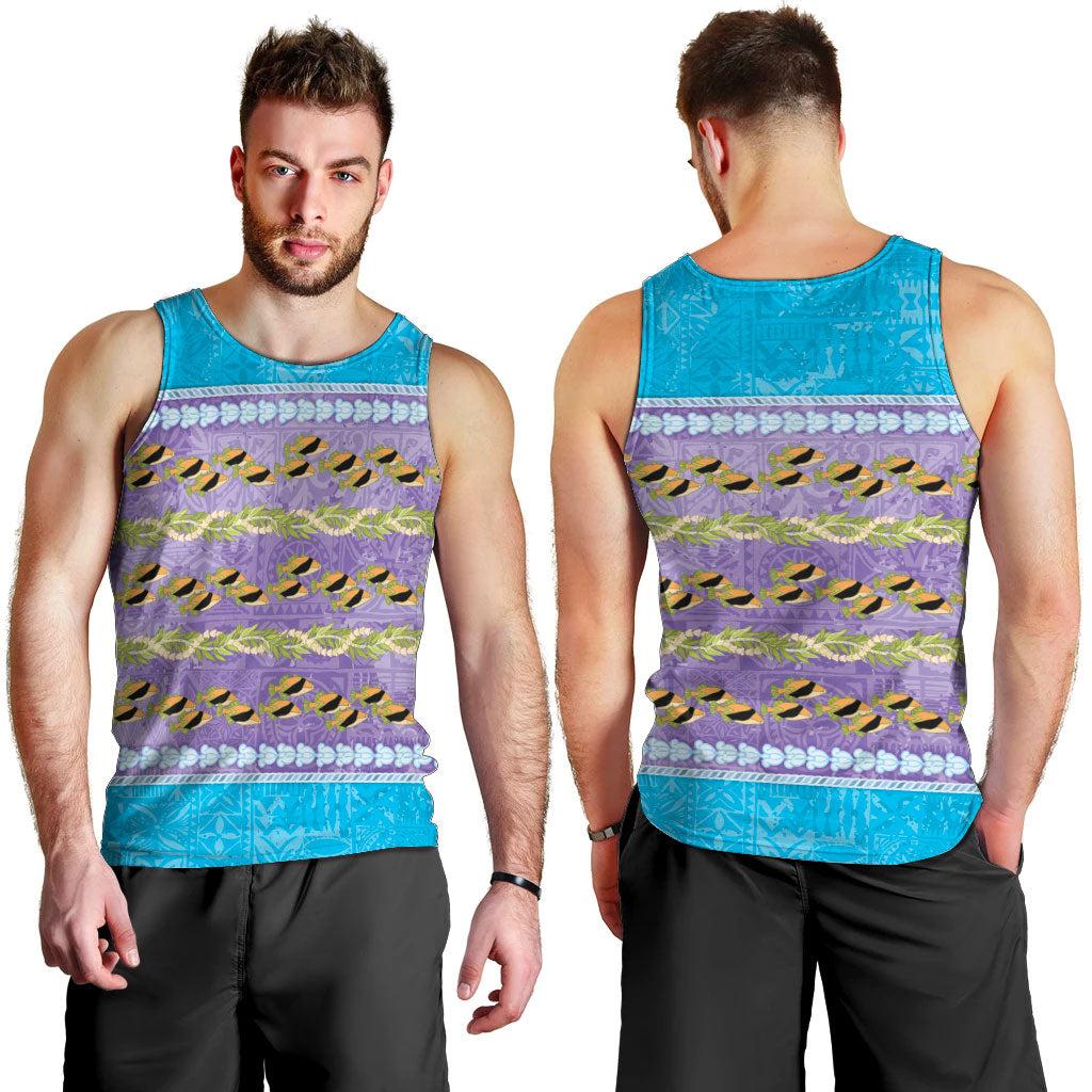 Hawaii Humuhumu Fish Maile Pikake Lei Men Tank Top Tribal Tapa Blue Version