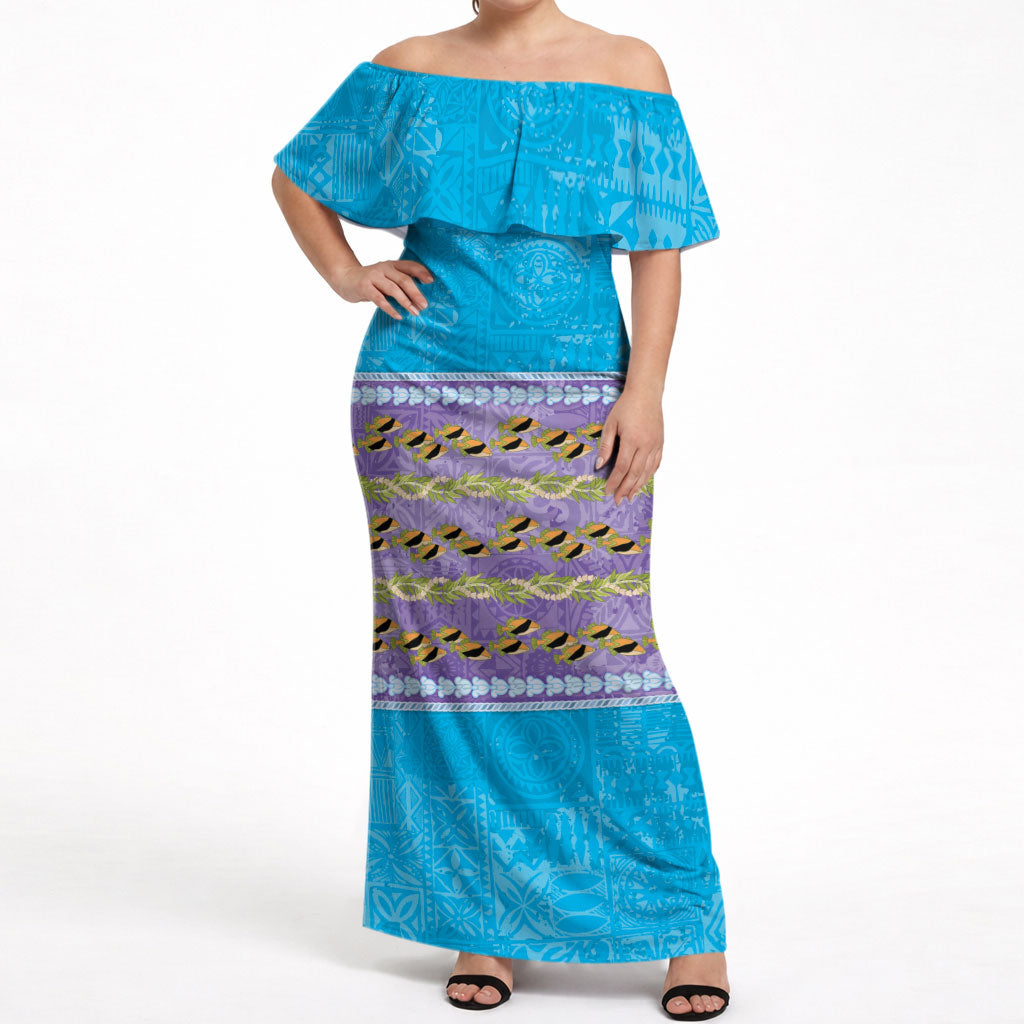 Hawaii Humuhumu Fish Maile Pikake Lei Off Shoulder Maxi Dress Tribal Tapa Blue Version