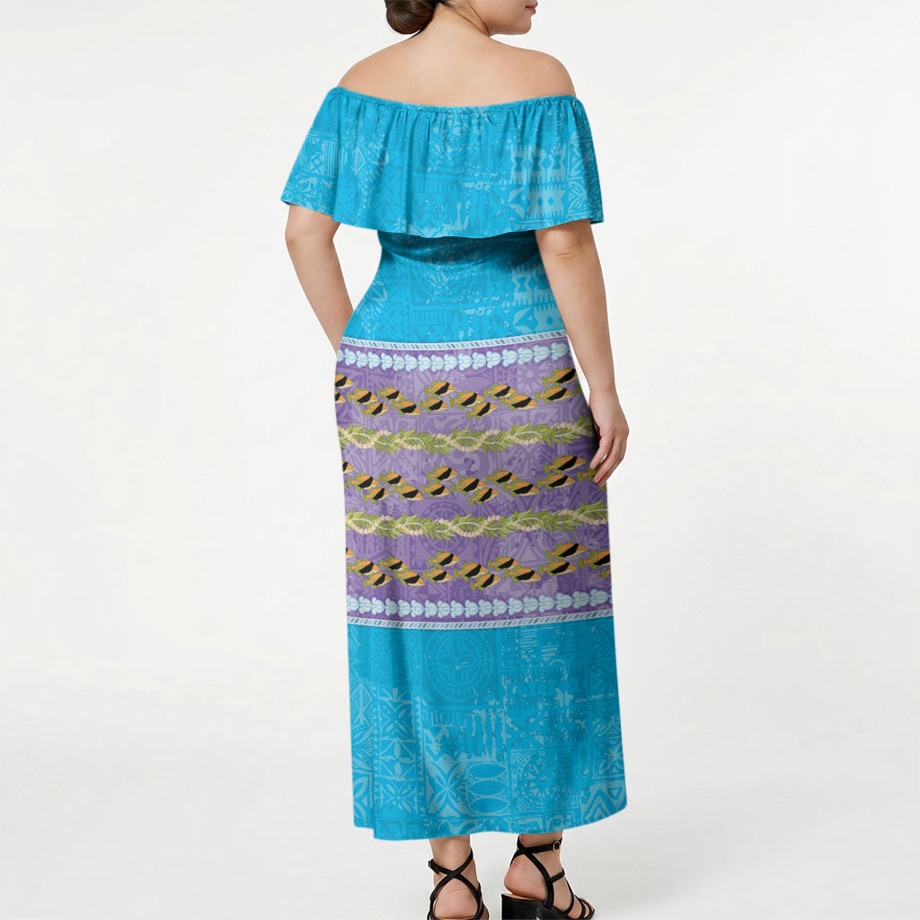 Hawaii Humuhumu Fish Maile Pikake Lei Off Shoulder Maxi Dress Tribal Tapa Blue Version