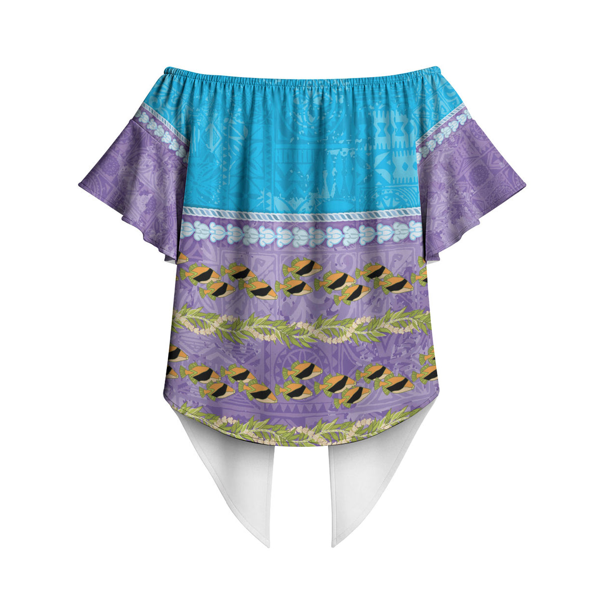 Hawaii Humuhumu Fish Maile Pikake Lei Off Shoulder Wrap Waist Top Tribal Tapa Blue Version LT05 - Polynesian Pride