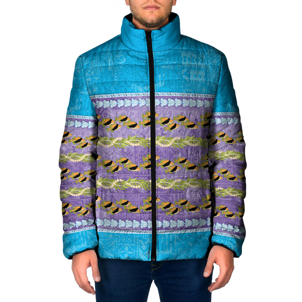 Hawaii Humuhumu Fish Maile Pikake Lei Padded Jacket Tribal Tapa Blue Version