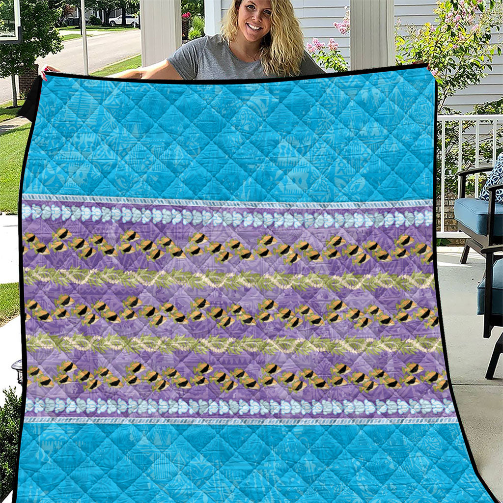 Hawaii Humuhumu Fish Maile Pikake Lei Quilt Tribal Tapa Blue Version