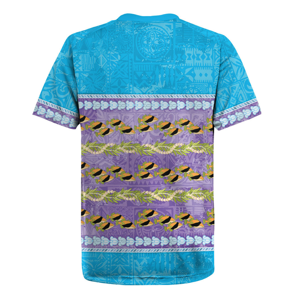Hawaii Humuhumu Fish Maile Pikake Lei Rugby Jersey Tribal Tapa Blue Version