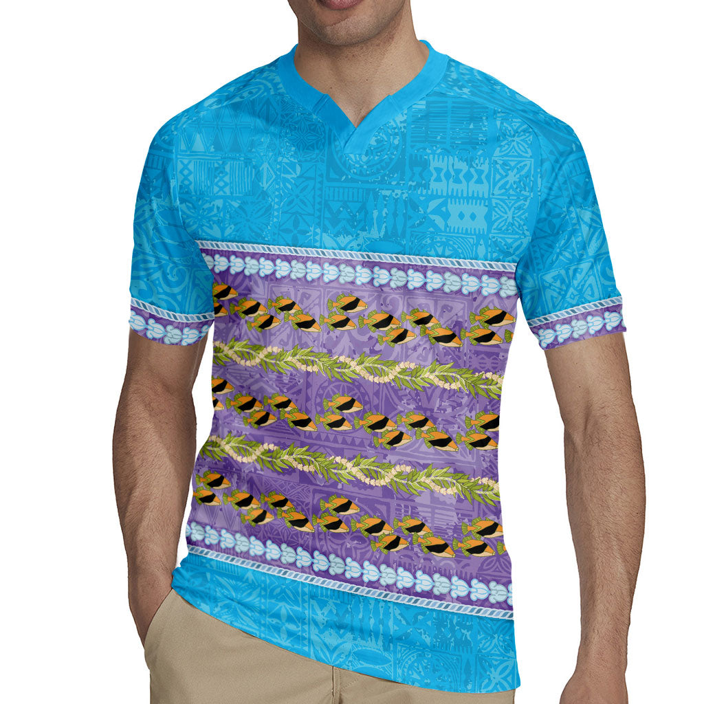 Hawaii Humuhumu Fish Maile Pikake Lei Rugby Jersey Tribal Tapa Blue Version