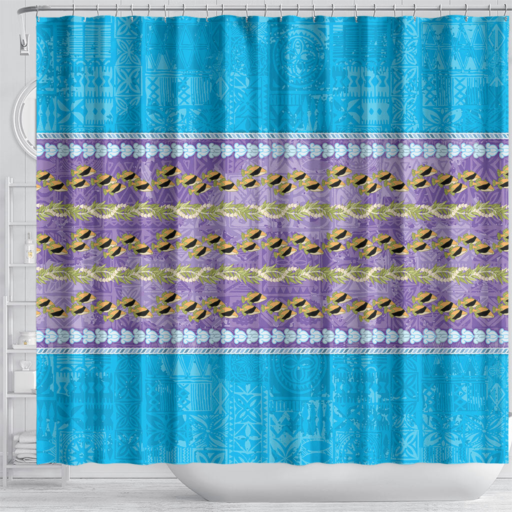 Hawaii Humuhumu Fish Maile Pikake Lei Shower Curtain Tribal Tapa Blue Version