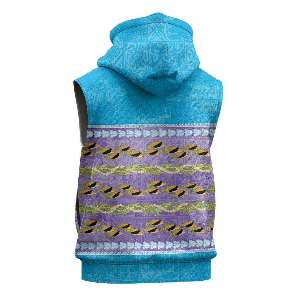 Hawaii Humuhumu Fish Maile Pikake Lei Sleeveless Hoodie Tribal Tapa Blue Version