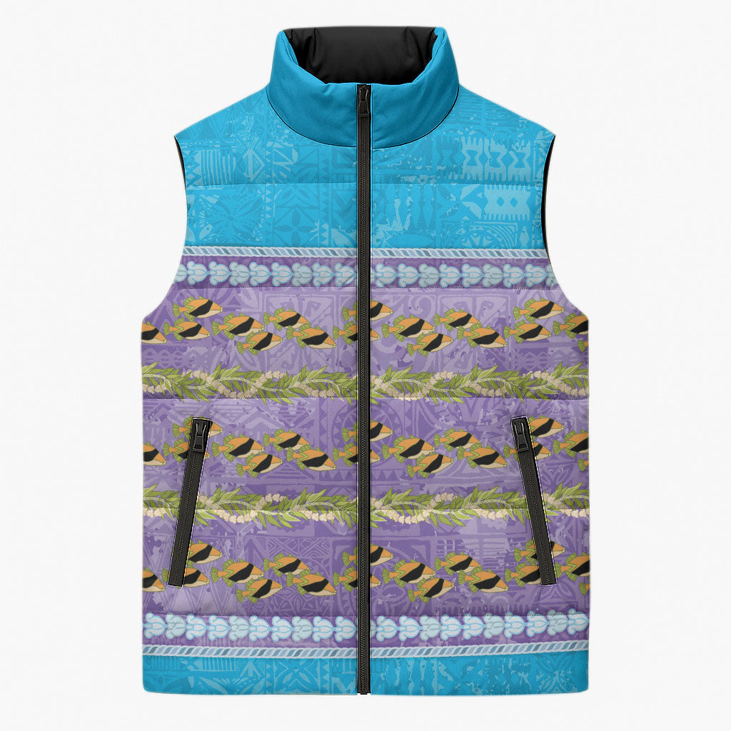 Hawaii Humuhumu Fish Maile Pikake Lei Sleeveless Puffer Jacket Tribal Tapa Blue Version