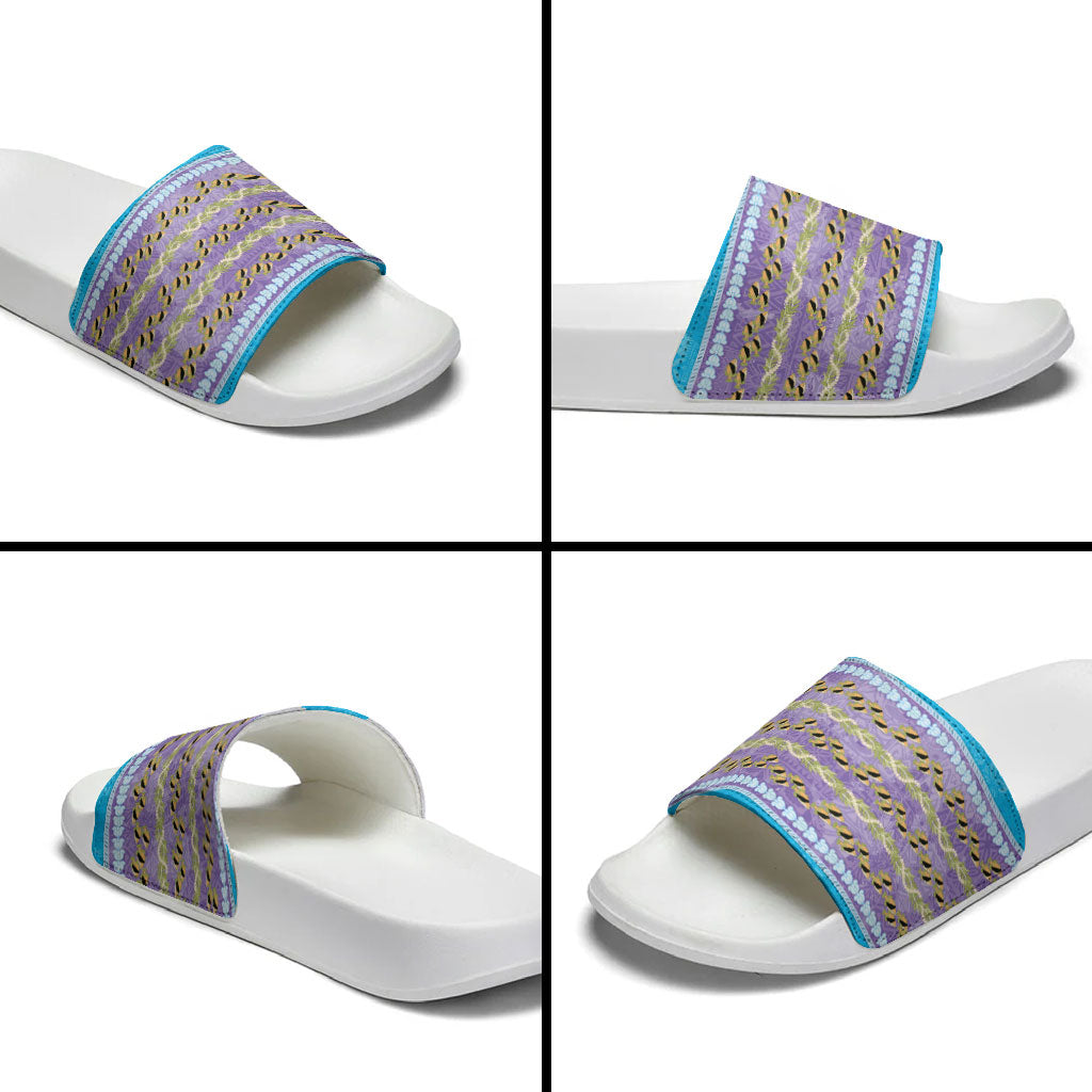 Hawaii Humuhumu Fish Maile Pikake Lei Slide Sandals Tribal Tapa Blue Version