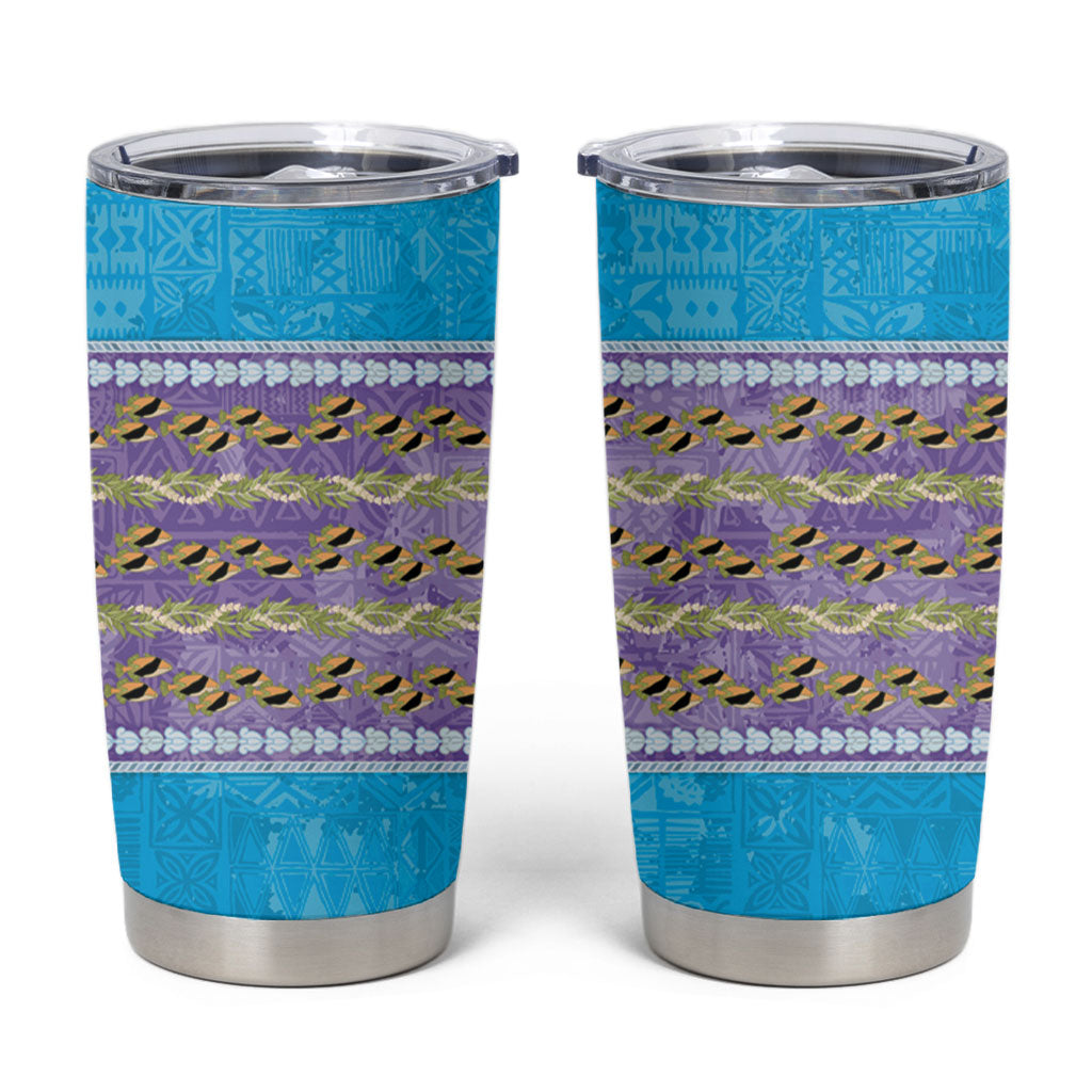 Hawaii Humuhumu Fish Maile Pikake Lei Tumbler Cup Tribal Tapa Blue Version