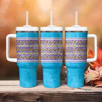 Hawaii Humuhumu Fish Maile Pikake Lei Tumbler With Handle Tribal Tapa Blue Version