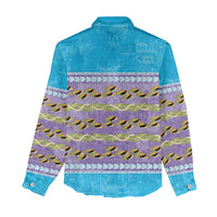 Hawaii Humuhumu Fish Maile Pikake Lei Women Casual Shirt Tribal Tapa Blue Version