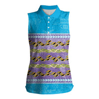 Hawaii Humuhumu Fish Maile Pikake Lei Women Sleeveless Polo Shirt Tribal Tapa Blue Version