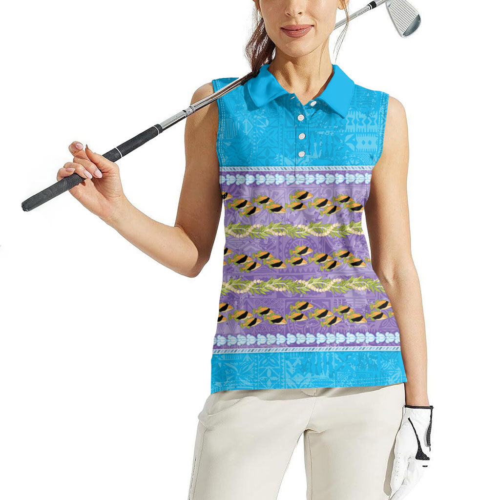 Hawaii Humuhumu Fish Maile Pikake Lei Women Sleeveless Polo Shirt Tribal Tapa Blue Version