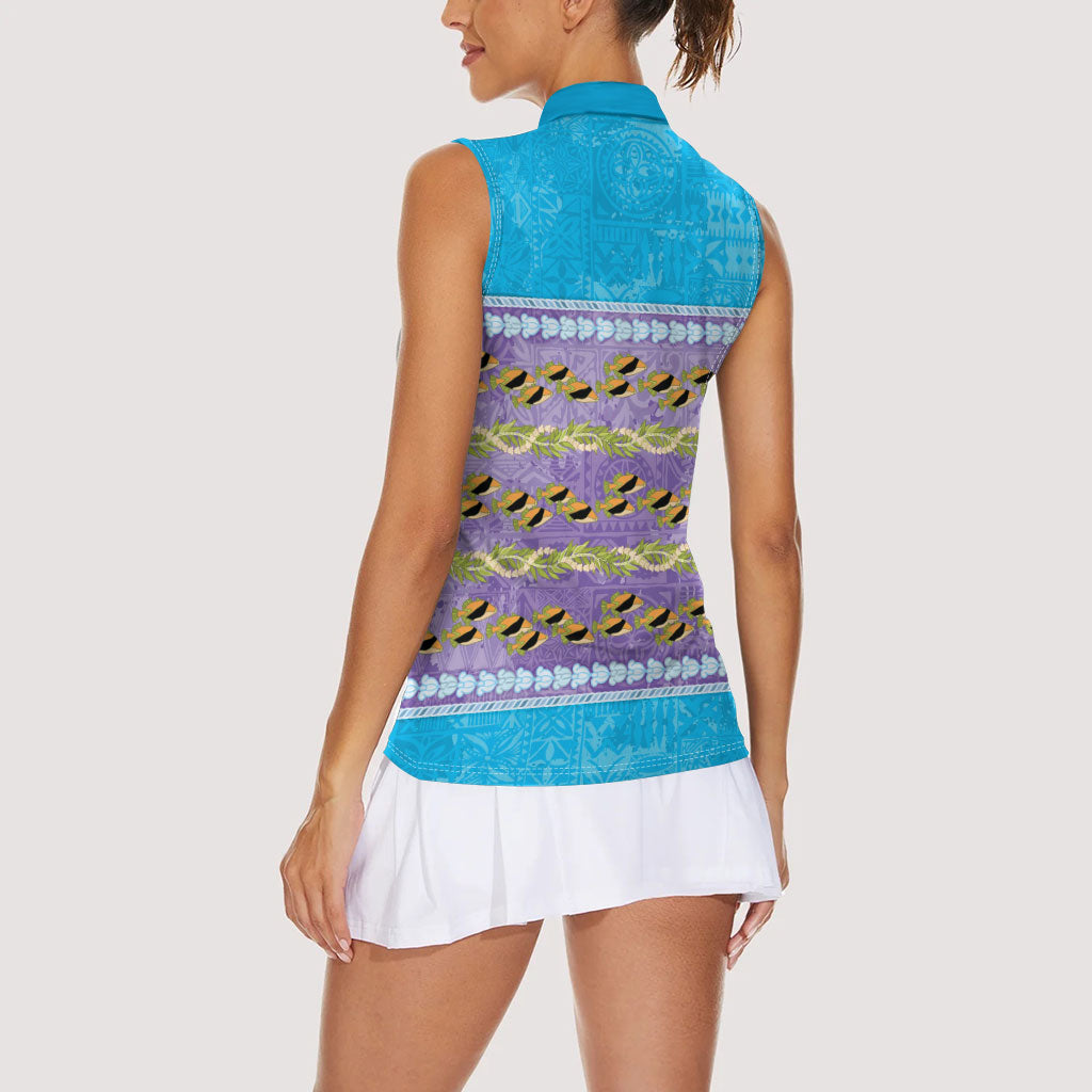 Hawaii Humuhumu Fish Maile Pikake Lei Women Sleeveless Polo Shirt Tribal Tapa Blue Version