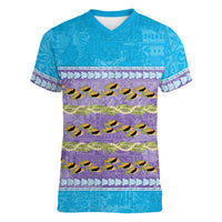 Hawaii Humuhumu Fish Maile Pikake Lei Women V-Neck T-Shirt Tribal Tapa Blue Version