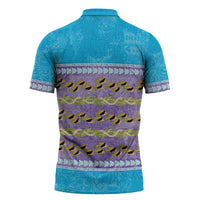 Hawaii Humuhumu Fish Maile Pikake Lei Zipper Polo Shirt Tribal Tapa Blue Version