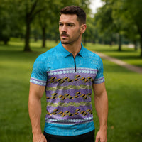 Hawaii Humuhumu Fish Maile Pikake Lei Zipper Polo Shirt Tribal Tapa Blue Version