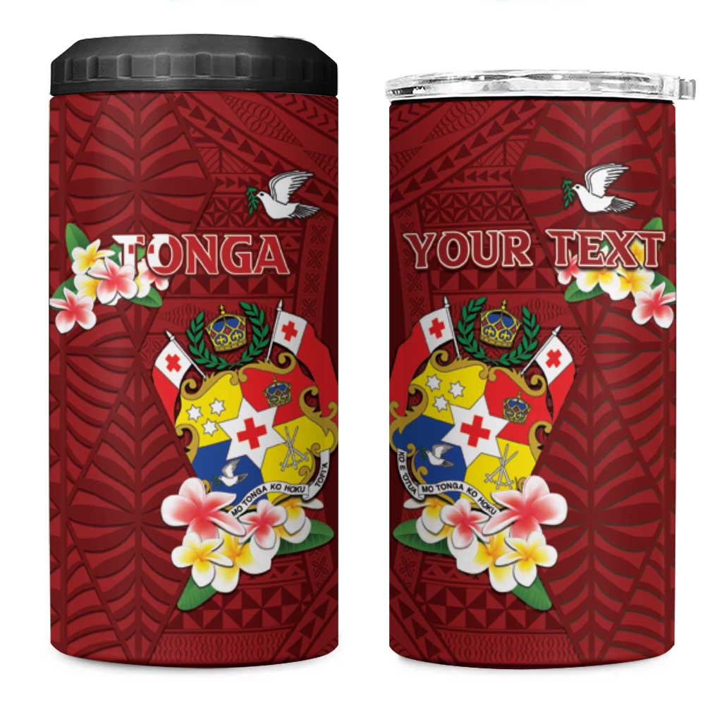 Personalised Tonga 4 in 1 Can Cooler Tumbler Coat Of Arms Plumeria With Ngatu Pattern LT05 One Size: 16 oz Red - Polynesian Pride