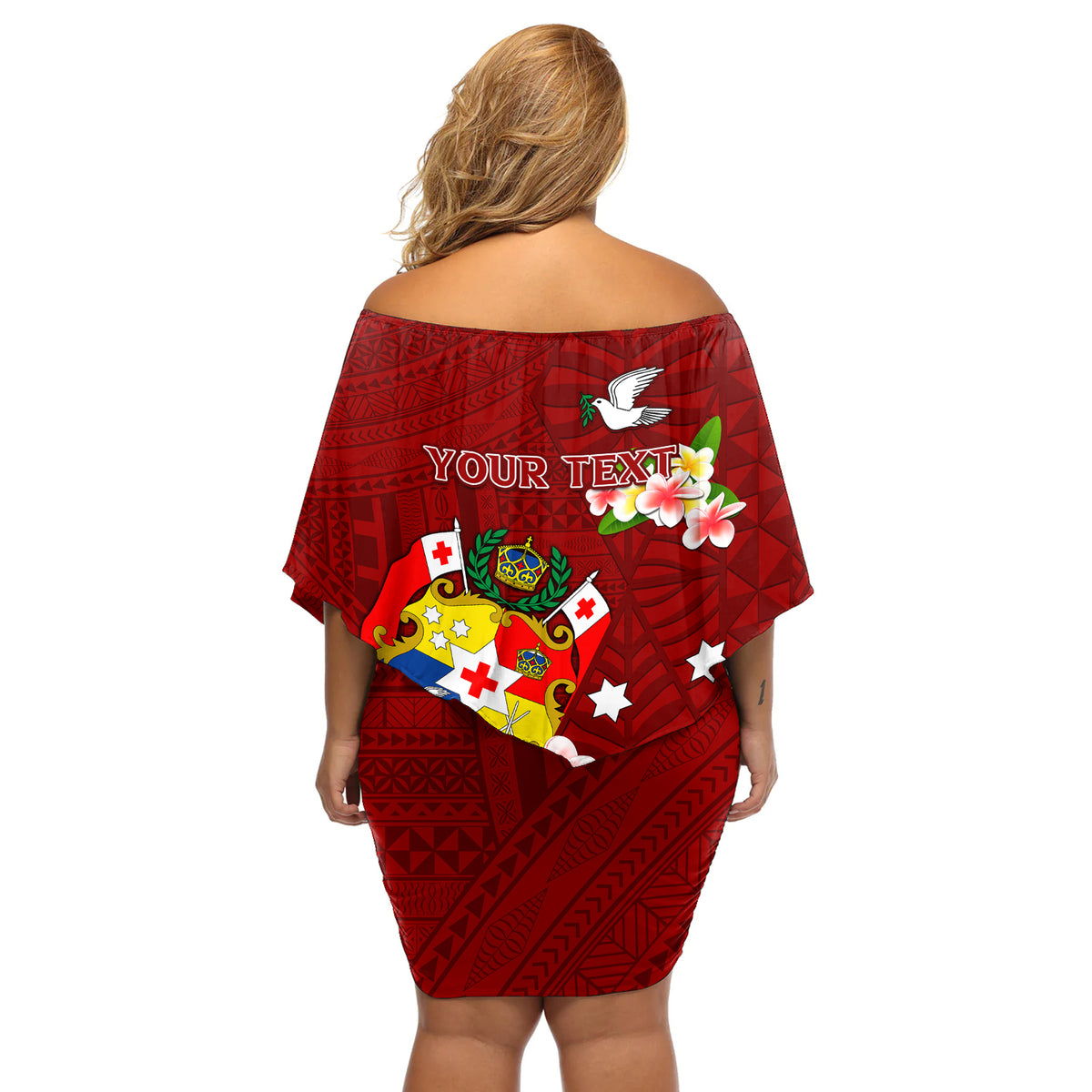 Personalized Tonga Off Shoulder Short Dress Coat Of Arms Plumeria With Ngatu Pattern LT05 - Polynesian Pride