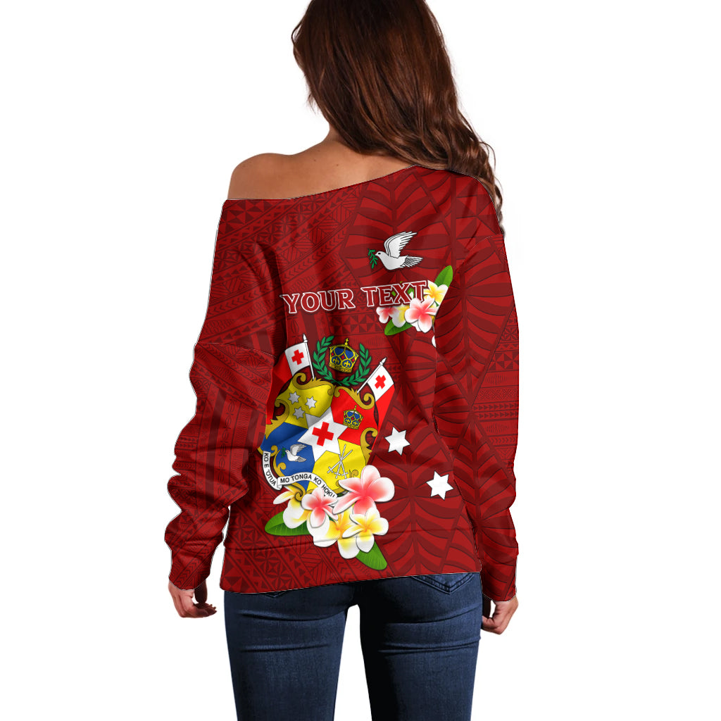 Personalized Tonga Off Shoulder Sweater Coat Of Arms Plumeria With Ngatu Pattern LT05 - Polynesian Pride