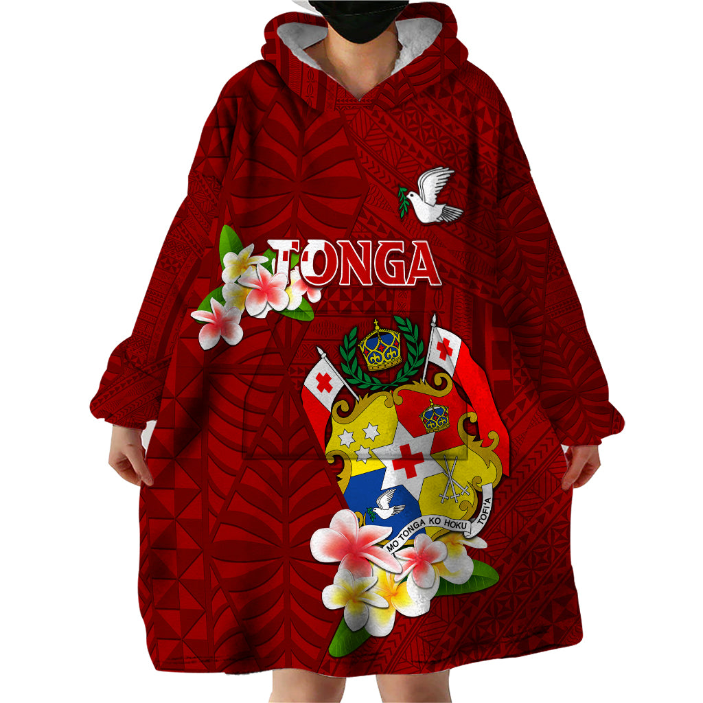 Personalized Tonga Wearable Blanket Hoodie Coat Of Arms Plumeria With Ngatu Pattern LT05 - Polynesian Pride