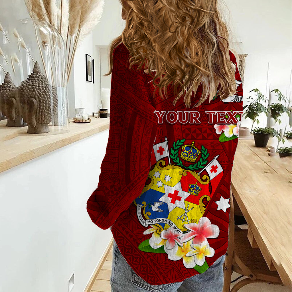Personalized Tonga Women Casual Shirt Coat Of Arms Plumeria With Ngatu Pattern LT05 - Polynesian Pride