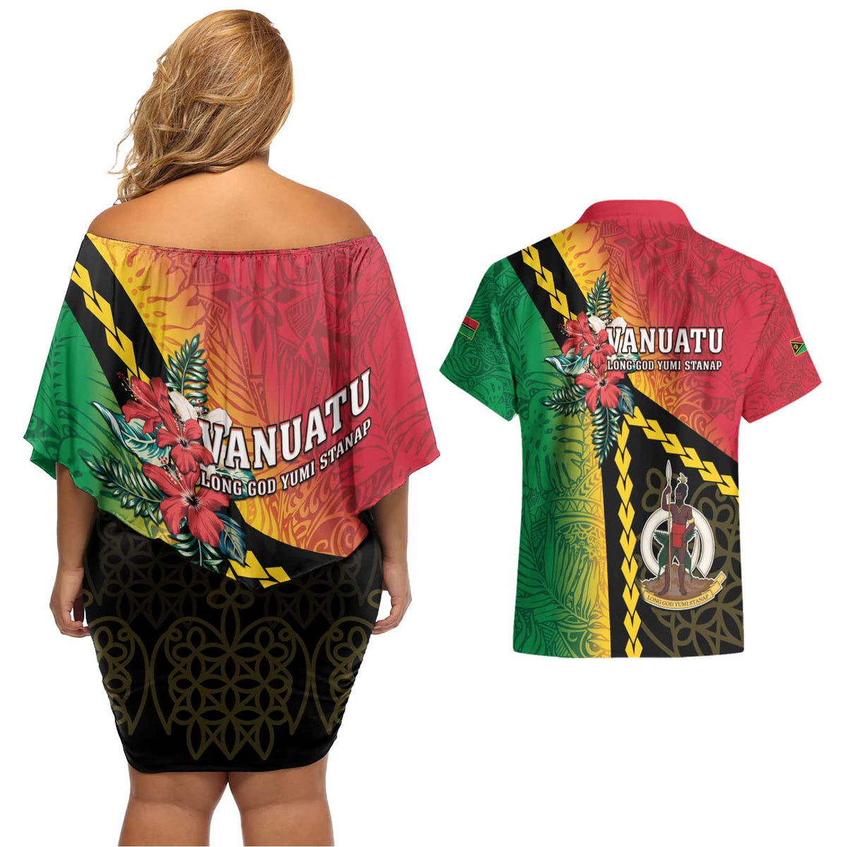 Happy Vanuatu Constitution Day Couples Matching Off Shoulder Short Dress and Hawaiian Shirt Flag Style With Sand Drawing Pattern