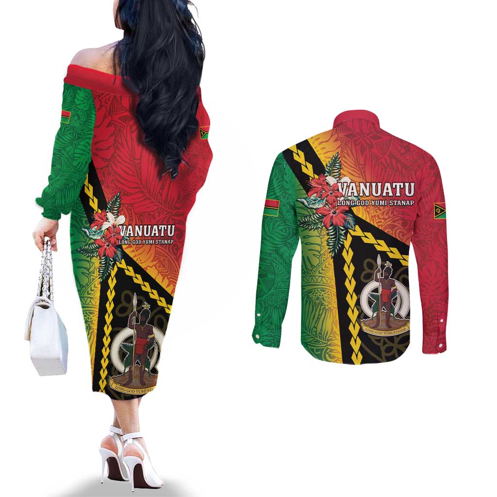 Happy Vanuatu Constitution Day Couples Matching Off The Shoulder Long Sleeve Dress and Long Sleeve Button Shirt Flag Style With Sand Drawing Pattern