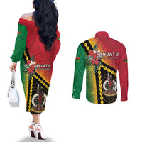 Happy Vanuatu Constitution Day Couples Matching Off The Shoulder Long Sleeve Dress and Long Sleeve Button Shirt Flag Style With Sand Drawing Pattern
