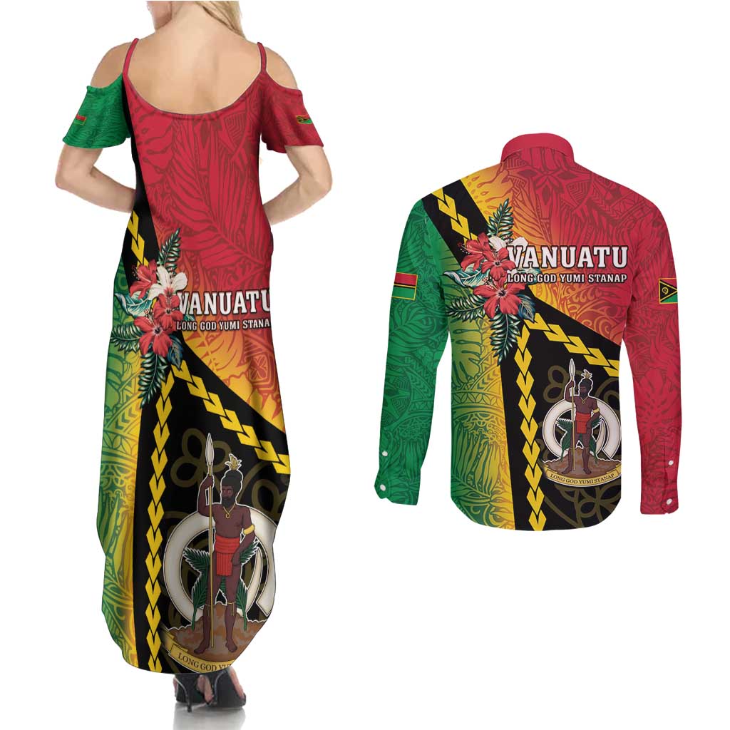 Happy Vanuatu Constitution Day Couples Matching Summer Maxi Dress and Long Sleeve Button Shirt Flag Style With Sand Drawing Pattern