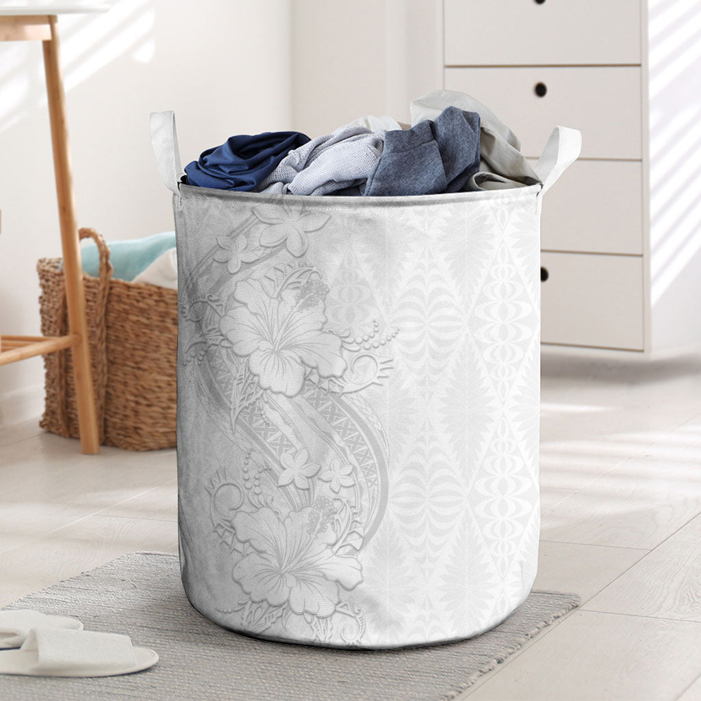 Tokelau White Sunday Laundry Basket Elegant Hibiscus Polynesian Tribal Pattern
