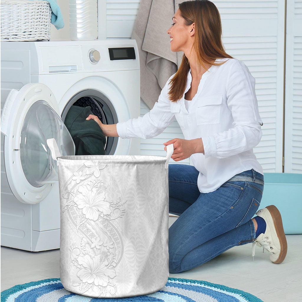 Tokelau White Sunday Laundry Basket Elegant Hibiscus Polynesian Tribal Pattern