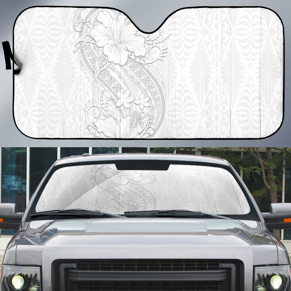 Tokelau White Sunday Auto Sun Shade Elegant Hibiscus Polynesian Tribal Pattern