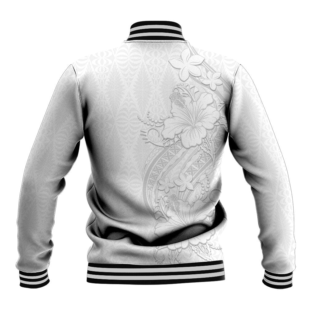 Tokelau White Sunday Baseball Jacket Elegant Hibiscus Polynesian Tribal Pattern