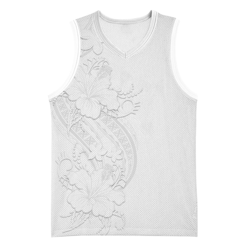 Tokelau White Sunday Basketball Jersey Elegant Hibiscus Polynesian Tribal Pattern