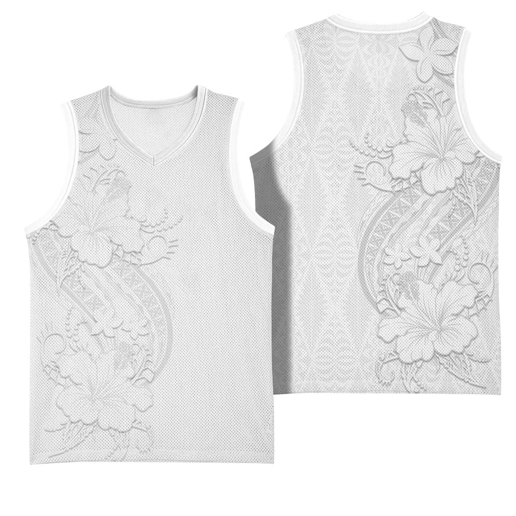 Tokelau White Sunday Basketball Jersey Elegant Hibiscus Polynesian Tribal Pattern