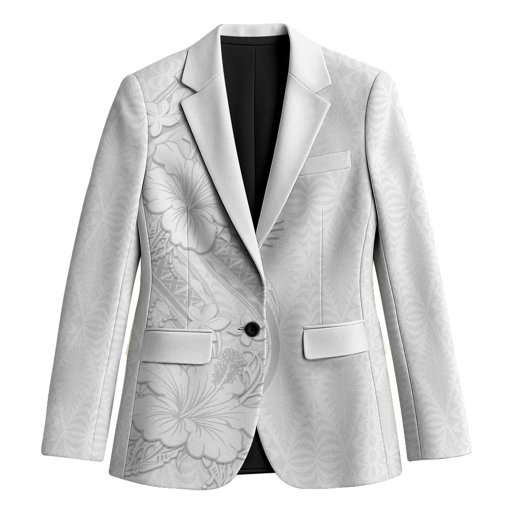 Tokelau White Sunday Blazer Elegant Hibiscus Polynesian Tribal Pattern