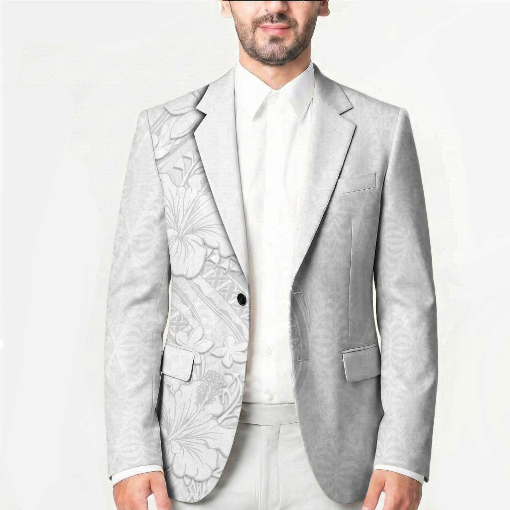 Tokelau White Sunday Blazer Elegant Hibiscus Polynesian Tribal Pattern
