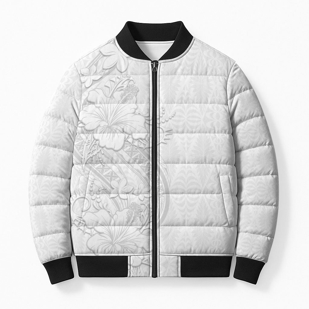 Tokelau White Sunday Bomber Puffer Jacket Elegant Hibiscus Polynesian Tribal Pattern
