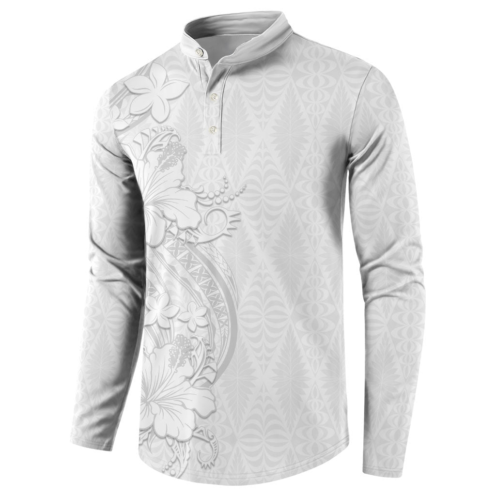 Tokelau White Sunday Button Sweatshirt Elegant Hibiscus Polynesian Tribal Pattern