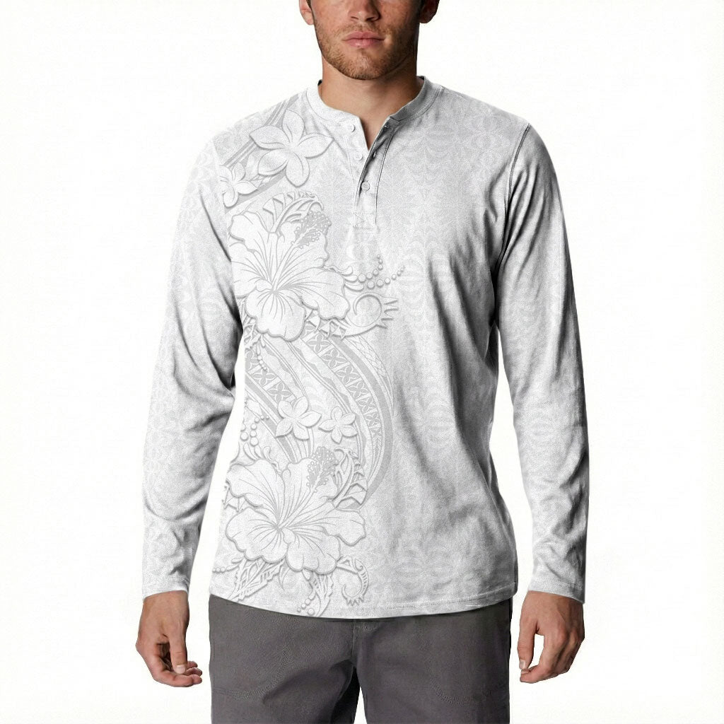 Tokelau White Sunday Button Sweatshirt Elegant Hibiscus Polynesian Tribal Pattern