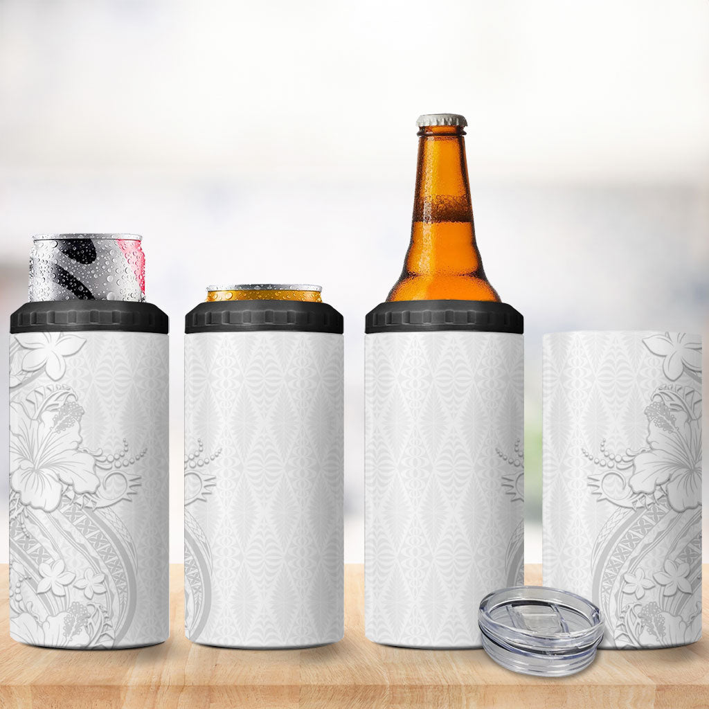 Tokelau White Sunday 4 in 1 Can Cooler Tumbler Elegant Hibiscus Polynesian Tribal Pattern